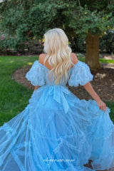Pale Blue Ruffles Tulle Applqiue Off The Shoulder Prom Dresses For Teens, CP1013