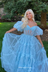 Pale Blue Ruffles Tulle Applqiue Off The Shoulder Prom Dresses For Teens, CP1013