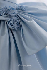 Pale Blue Satin Bowknot One Shoulder Pleating A-line Prom Dresses, CP0850