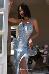 Pale Blue Sequined Lace Shiny Column With Silt Short Party Dresses, CB0297