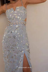 Pale Blue Sequined Lace Shiny Column With Silt Short Party Dresses, CB0297