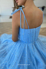 Pale Blue Sequined Tulle Pleating A-line French Prom Dresses, CP0759