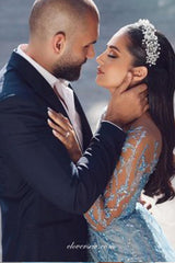 Pale Blue Sequined Tulle See Through Long Sleeves Sheath With Train Formal Dresses, CP0897