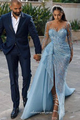 Pale Blue Sequined Tulle See Through Long Sleeves Sheath With Train Formal Dresses, CP0897