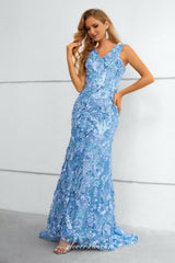 Pale Blue Stunning Lace Sleeveless V-neck Mermaid Elegant Prom Dresses, CP0911