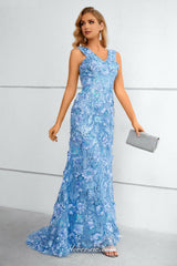Pale Blue Stunning Lace Sleeveless V-neck Mermaid Elegant Prom Dresses, CP0911