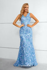 Pale Blue Stunning Lace Sleeveless V-neck Mermaid Elegant Prom Dresses, CP0911