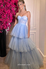 Pale Blue Tulle Sweetheart Strapless Tiered A-line Prom Dresses, CP1021