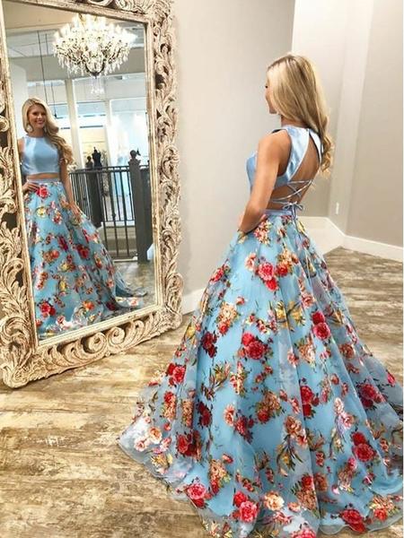 Floral Prints Two Piece Pale Blue Lace Up Back Prom Dress