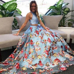 Floral Prints Two Piece Pale Blue Lace Up Back Prom Dress