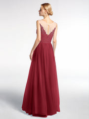Illusion Neckline Lace and Tulle Maxi Dress-Burgundy