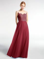 Illusion Neckline Lace and Tulle Maxi Dress-Burgundy