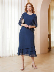 Pleated Ruffle Sheath Dress with Jacket Dark Navy