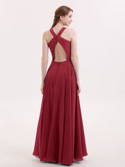 Lace and Chiffon Halter Dress with Open Back-Burgundy