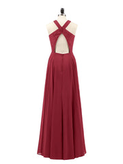 Lace and Chiffon Halter Dress with Open Back-Burgundy