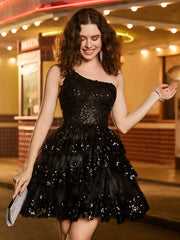 A-line One Shoulder Tiered Tulle Mini Homecoming Dress Black