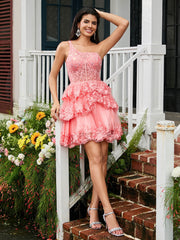 A-line One Shoulder Tiered Tulle Mini Homecoming Dress Coral