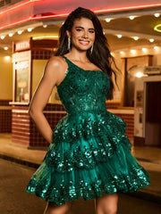 A-line One Shoulder Tiered Tulle Mini Homecoming Dress Dark Green