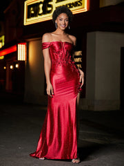 Off Shoulder Corset Bodice Satin Gown Burgundy