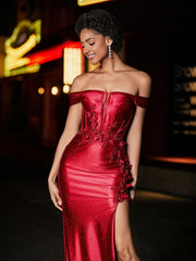 Off Shoulder Corset Bodice Satin Gown Burgundy