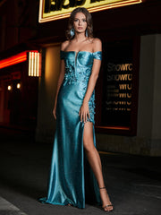Off Shoulder Corset Bodice Satin Gown Jade