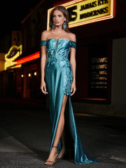 Off Shoulder Corset Bodice Satin Gown Jade