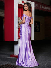 Off Shoulder Corset Bodice Satin Gown Lilac