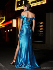 Off Shoulder Corset Bodice Satin Gown Ocean Blue