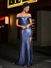 Off Shoulder Corset Bodice Satin Gown Stormy