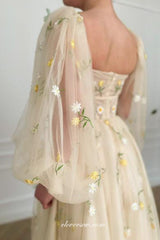 Pastel Yellow Embroidery Tulle Long Lantern Sleeves Prom Dresses, CP0799