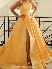 Pastel Yellow Satin Strapless Slit Prom Dresses, CP0756