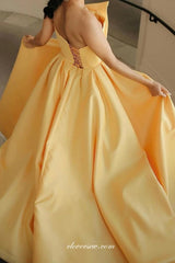 Pastel Yellow Satin Strapless Slit Prom Dresses, CP0756