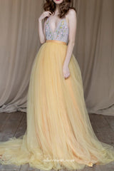 Pastel Yellow Tulle Beaded V-neck Charming Wedding Dresses, CW0248