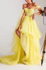 Pastel Yellow Tulle Sweetheart Convertible Straps High Low Prom Dressea, CP0990
