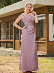 V-neck Sleeveless Lace Pleated Long Gown with Slit Dusk