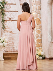 One Shoulder Rcuhed Chiffon Long Dresses With Belt Dusty Rose
