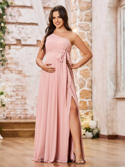 One Shoulder Rcuhed Chiffon Long Dresses With Belt Dusty Rose