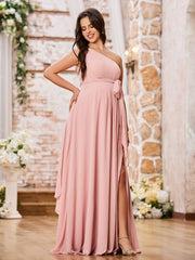 One Shoulder Rcuhed Chiffon Long Dresses With Belt Dusty Rose