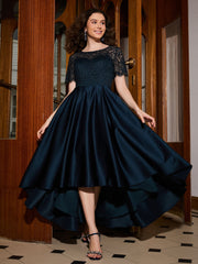 A-line Short Sleeve Lace Pleated Asymmetrical Dress Dark Navy