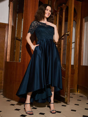 A-line Short Sleeve Lace Pleated Asymmetrical Dress Dark Navy