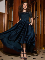 A-line Short Sleeve Lace Pleated Asymmetrical Dress Dark Navy