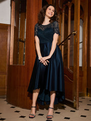 A-line Short Sleeve Lace Pleated Asymmetrical Dress Dark Navy