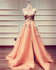 Tulle Prom Dresses Flowers Embroidery V Neck Leg Slit