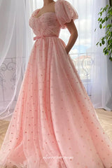 Peach Engagement Scoop Neck Short Sleeve Pleats Tulle with Bow Prom Dresses, CP0718