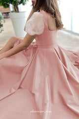 Peach Pink Satin Short Sleeves Elegant Prom Dresses, CP0735