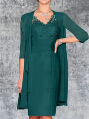 Two Piece Ruffle Chiffon Mother of the Bride Outfit Lace Short Wedding Guest Dress