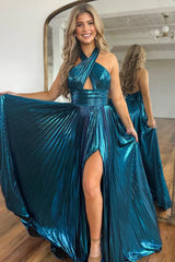 Wholesale Peacock Blue Halter Neck A-Line Long Bright Prom Dress With Split long prom dresses with sleeves