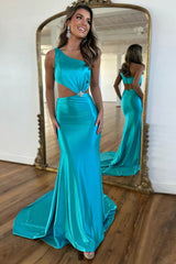 Peacock Blue One Shoulder Satin Mermaid Cut Out Long Prom Dress