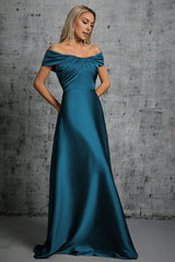Peacock Blue Satin Off The Shoulder Pleated Formal Mother of the Bride Dress