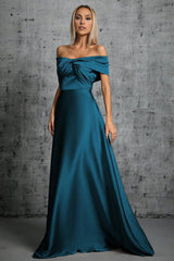 Peacock Blue Satin Off The Shoulder Pleated Formal Mother of the Bride Dress